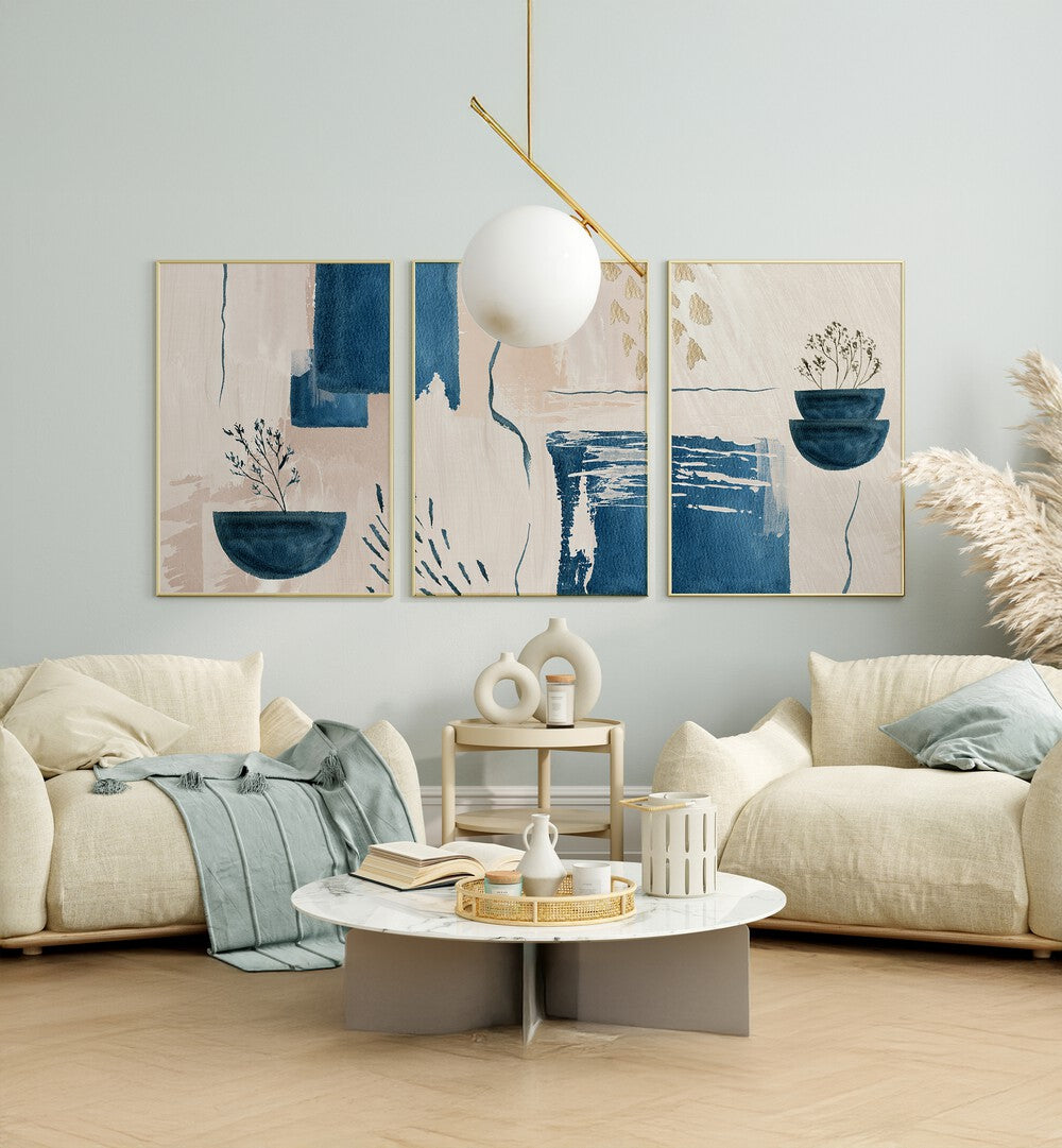 Transform your space with the CALMING BLUES SET, SET OF 3 PAINTINGS featuring soothing blue tones for tranquility.