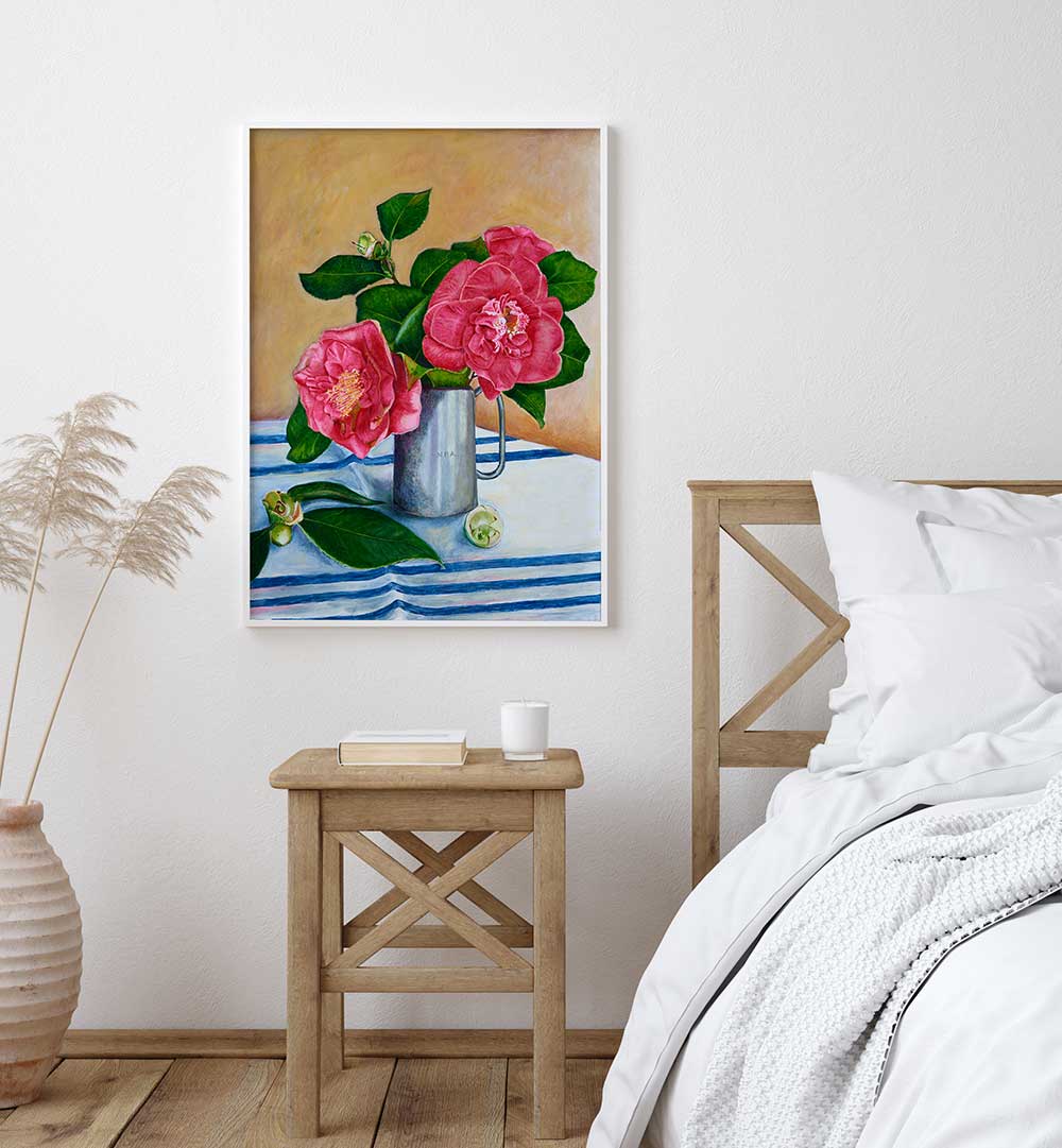 Bright pink camellias in a silver vase, showcasing CAMELIA, FLORAL FLOWER PAINTINGS that enhance any space.