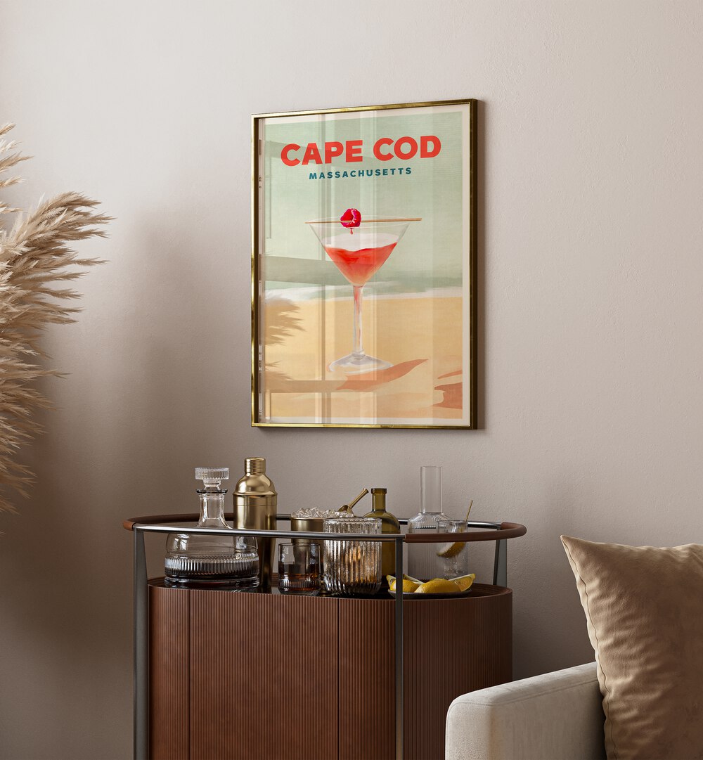 Elevate your lounge with the Cape Cod, Bar art featuring a vibrant cocktail poster. Perfect for coastal charm!