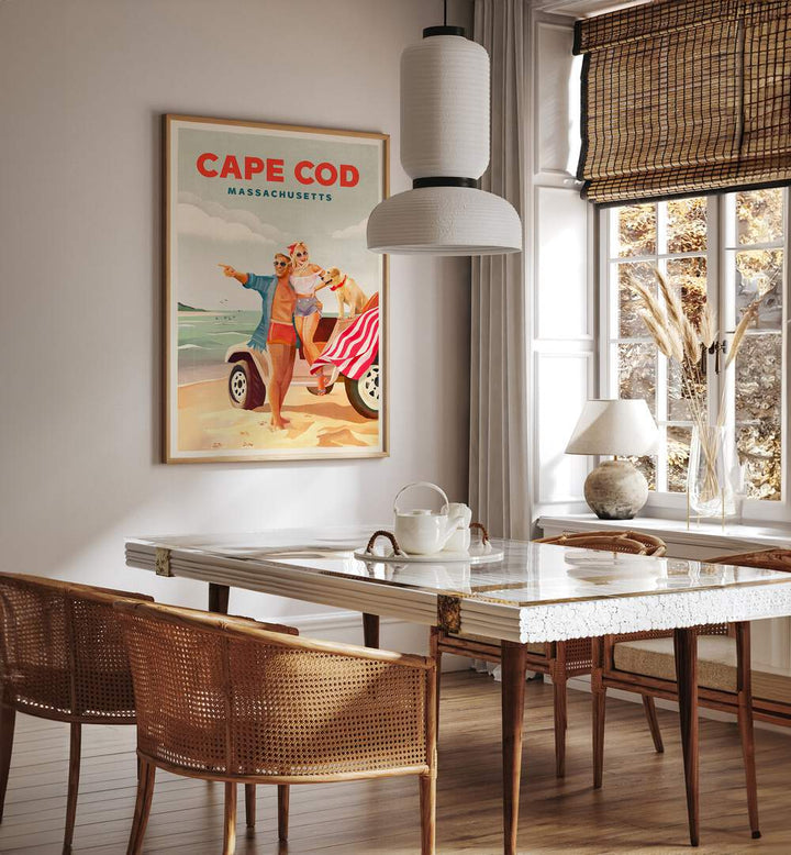 Colorful CAPE COD MASSACHUSETTS, BEACH PAINTINGS poster showcasing summer vibes in a cozy dining room setting.
