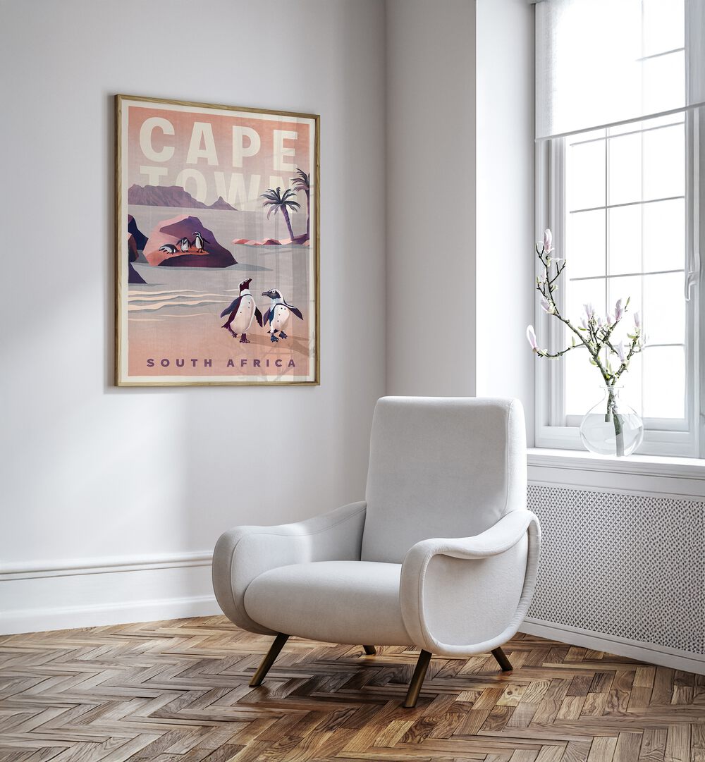 Vintage CAPE TOWN SOUTH AFRICA , TRAVEL POSTERS showcase the beauty of Cape Town in a stylish interior setting.