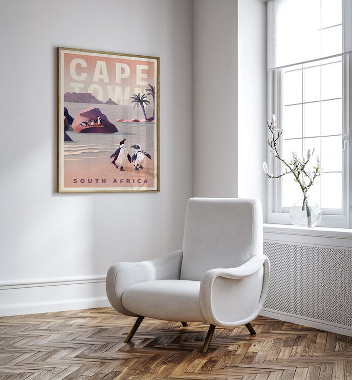 Vintage CAPE TOWN SOUTH AFRICA , TRAVEL POSTERS showcase the beauty of Cape Town in a stylish interior setting.