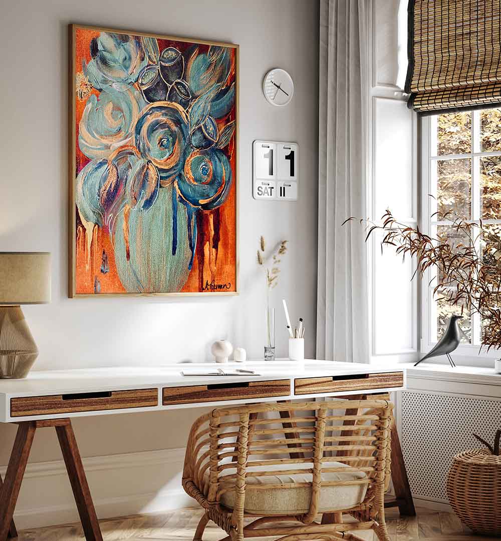 Vibrant CARIBBEAN BLOOMS, FLORAL FLOWER PAINTINGS brighten a modern workspace with elegance and nature's beauty.