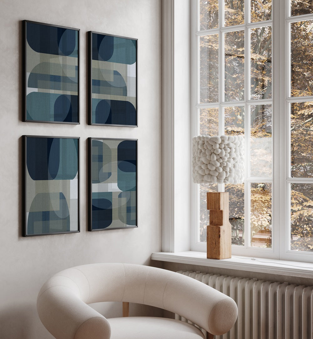 Sophisticated CARTISSI ARTWORKS GALLERY WALL featuring four abstract prints in blue and beige for stylish gallery walls.