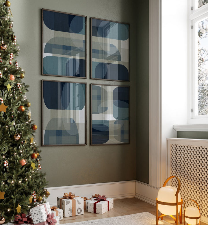 Stylish CARTISSI ARTWORKS GALLERY WALL featuring four abstract prints in blue and beige, perfect for elegant gallery walls.