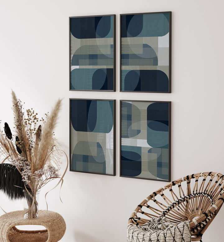 Stylish CARTISSI ARTWORKS GALLERY WALL with framed abstract prints in blue and beige, perfect for modern gallery walls.