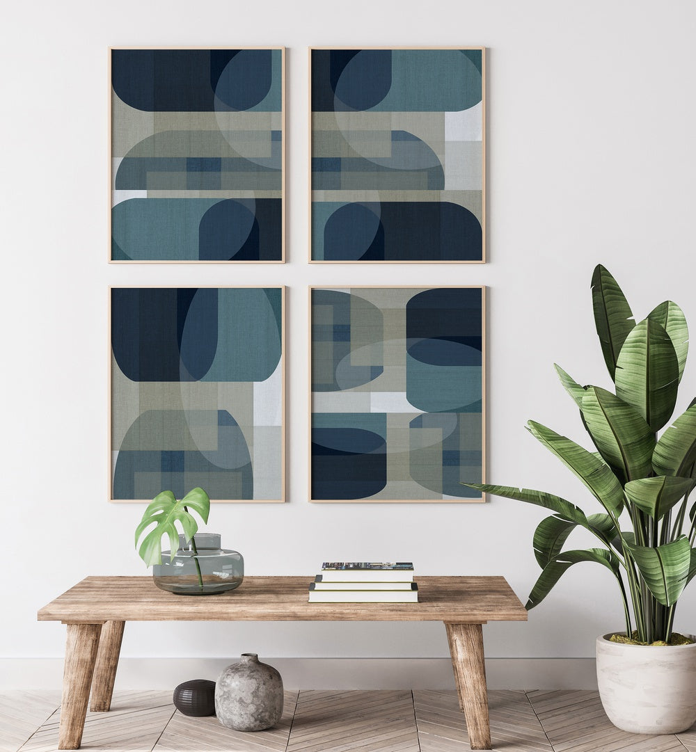 Sophisticated CARTISSI ARTWORKS GALLERY WALL featuring abstract prints in blue and beige, perfect for stylish gallery walls.