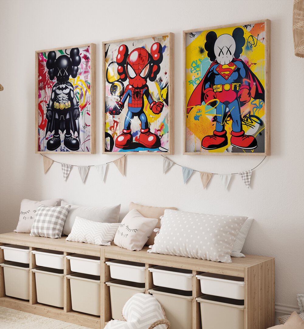 Colorful CARTOON SUPERHERO SET, SET OF 3 PAINTINGS brightens up any child's room with fun, vibrant designs.