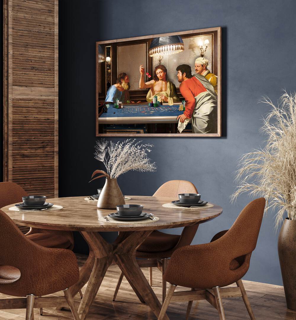 Stylish dining area featuring the CASINO GANG, ALTERED ART PRINTS, showcasing vibrant casino-inspired art by Dikhotomy.