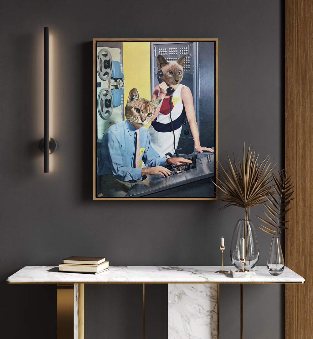 Surreal art print, "CAT ESPIONAGE," by Vertigo Artography adds whimsy to any space with imaginative feline characters.