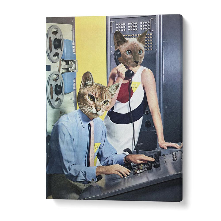 Cat Espionage surreal art prints by Vertigo Artography showcase whimsical feline characters in a playful scene.