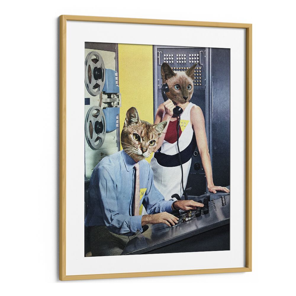 Cat Espionage, Surreal Art Prints by Vertigo Artography, featuring whimsical cats in a vintage spy scene.