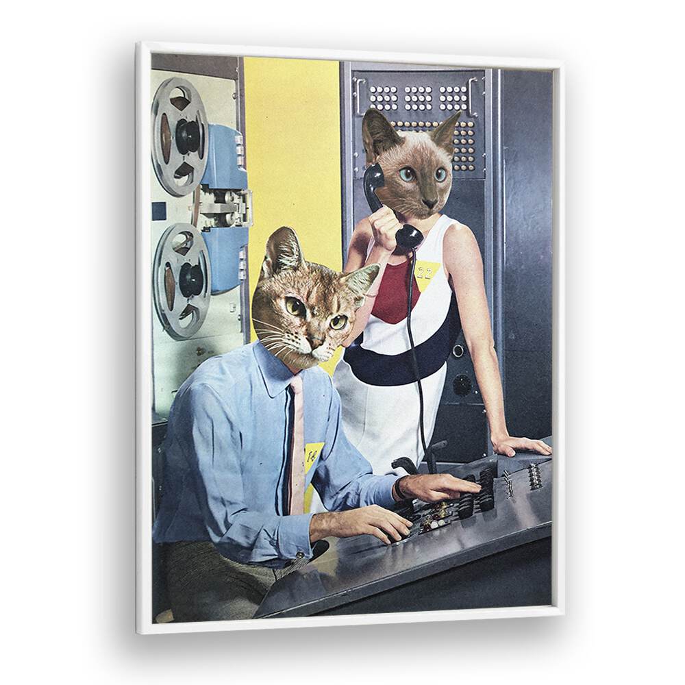 Cat Espionage, Surreal Art Prints by Vertigo Artography, featuring whimsical cats in a spy-themed scene.