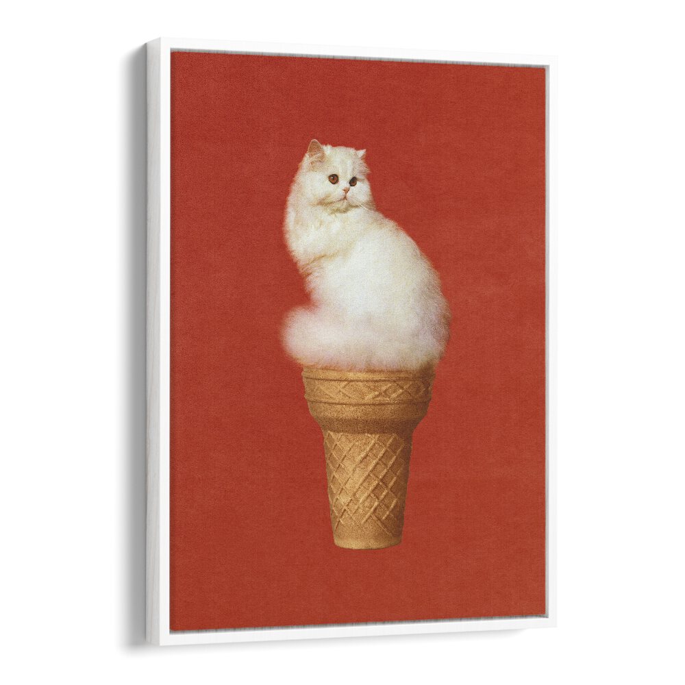 Whimsical cat atop an ice cream cone in the CAT ICE CREAM - RED SURREAL PAINTING, SURREAL ART by Vertigo Artography.