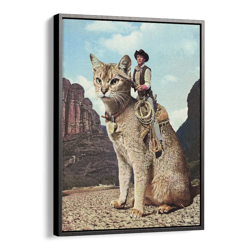 Cat Lone Ranger, Surreal Art Prints by Vertigo Artography, features a cowboy riding a giant cat in a vibrant landscape.