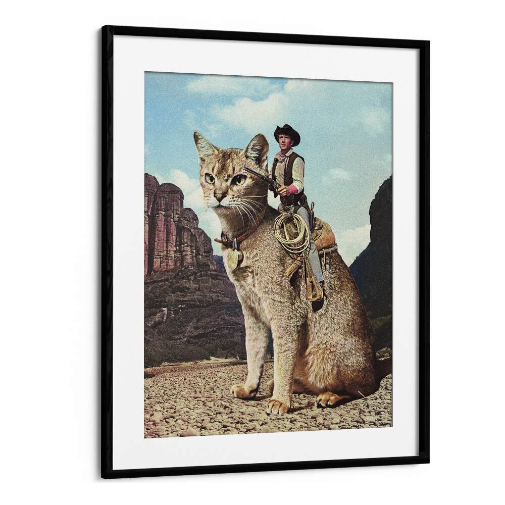 Cat Lone Ranger, Surreal Art Prints by Vertigo Artography, features a cowboy atop a giant cat in a vibrant landscape.