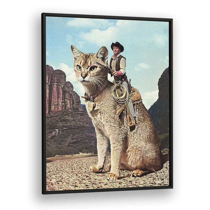 Cat Lone Ranger, Surreal Art Prints by Vertigo Artography, featuring a whimsical cat cowboy scene in a striking frame.