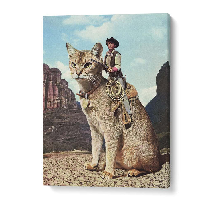 Cat Lone Ranger surreal art prints by Vertigo Artography showcase a whimsical cowboy riding a giant cat.