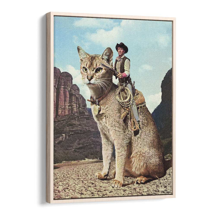 Surreal art prints featuring a cowboy riding a giant cat, perfect for unique decor by Vertigo Artography.