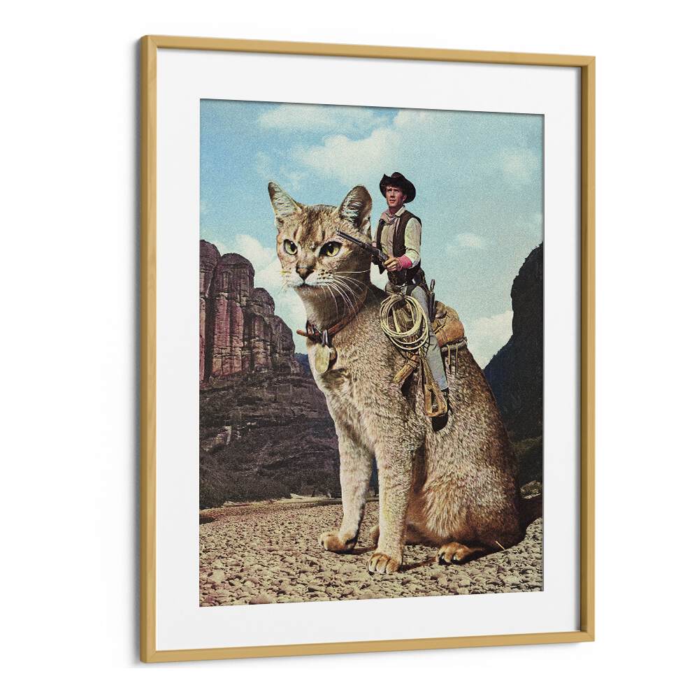 Surreal art print featuring a cowboy on a giant cat, perfect for unique decor. CAT LONE RANGER, SURREAL ART PRINTS by Vertigo Artography.