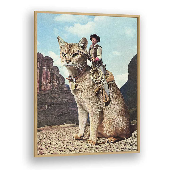 Cat Lone Ranger, surreal art prints by Vertigo Artography, features a giant cat with a cowboy in a stunning landscape.