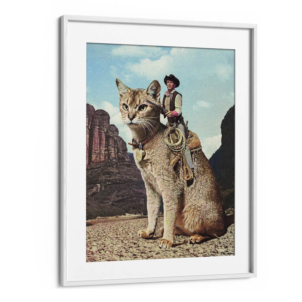Cat Lone Ranger, Surreal Art Prints by Vertigo Artography, features a cowboy riding a giant cat in a stunning landscape.