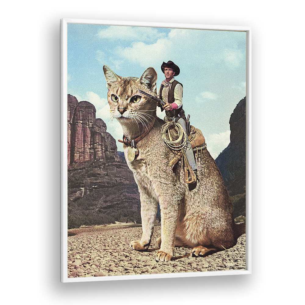 Cat Lone Ranger surreal art prints by Vertigo Artography showcase a whimsical cat cowboy in a stunning landscape.