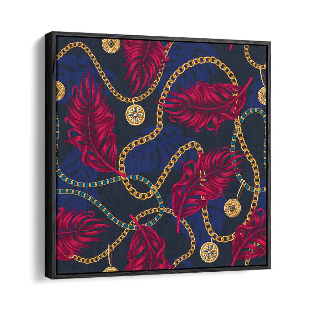 Exquisite CHAINS AND TROPICAL LEAVES, FLORAL FLOWER PAINTINGS in a stylish black floater frame for vibrant decor.