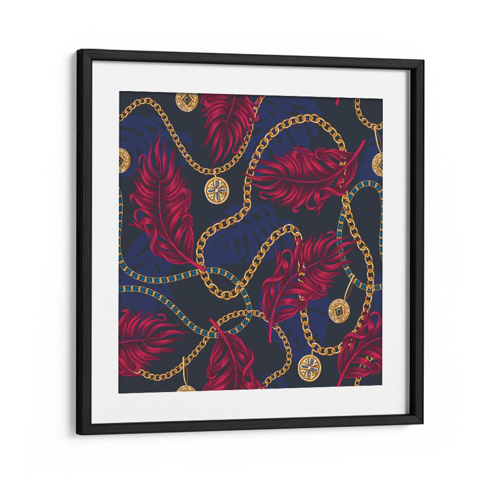 Elegant CHAINS AND TROPICAL LEAVES, FLORAL FLOWER PAINTINGS in a stylish black frame, perfect for any décor.
