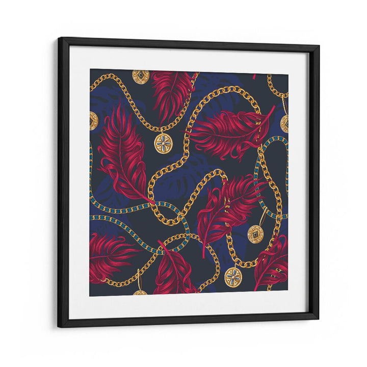 Elegant CHAINS AND TROPICAL LEAVES, FLORAL FLOWER PAINTINGS in a stylish black frame, perfect for any décor.