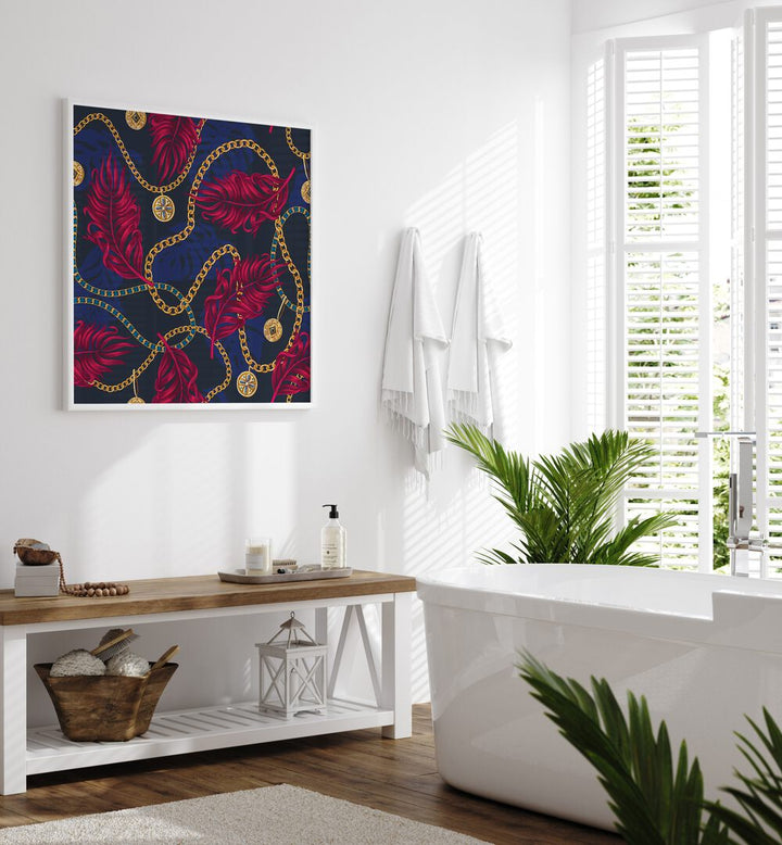 Vibrant CHAINS AND TROPICAL LEAVES, FLORAL FLOWER PAINTINGS adorn a bright bathroom, enhancing tropical elegance.