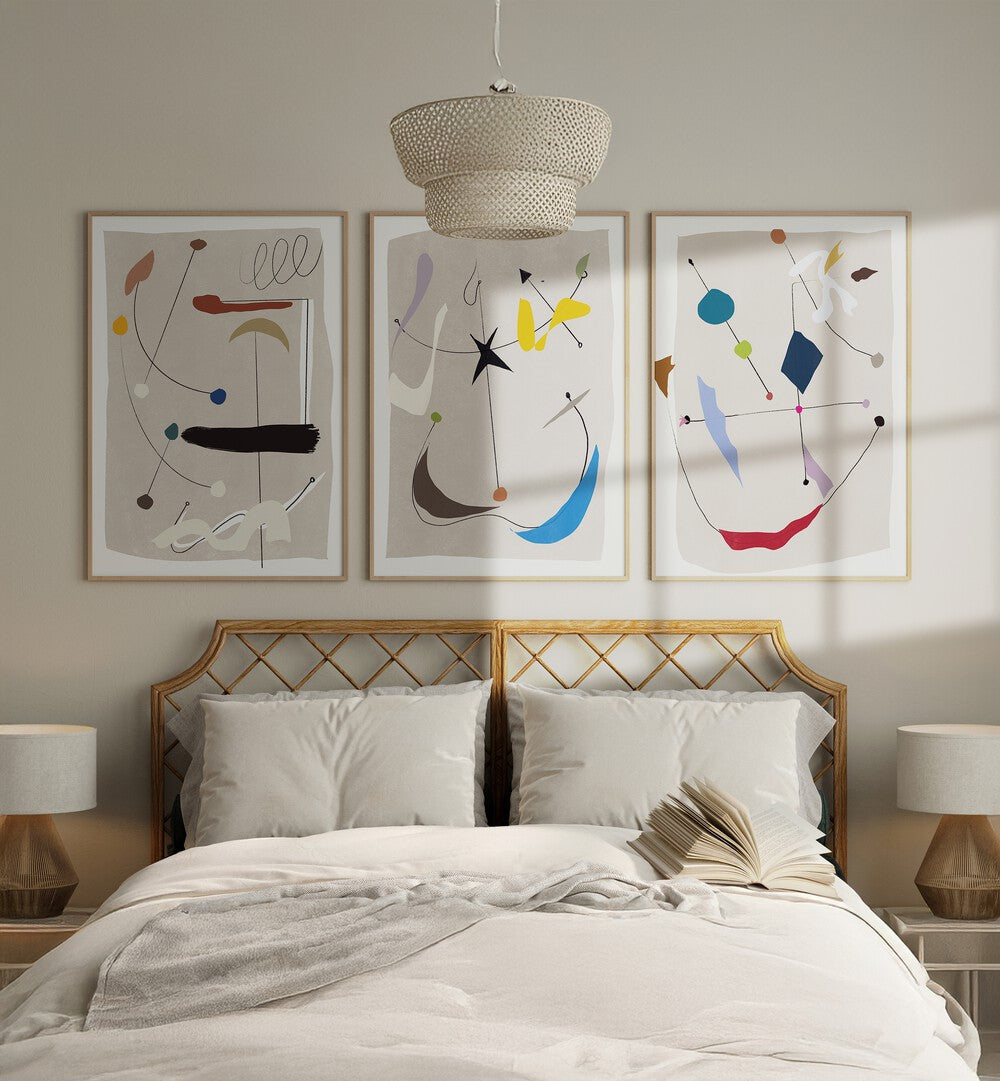 Brighten your space with the CHARMS COMPOSITION SET, SET OF 3 PAINTINGS featuring vibrant colors and elegant designs.