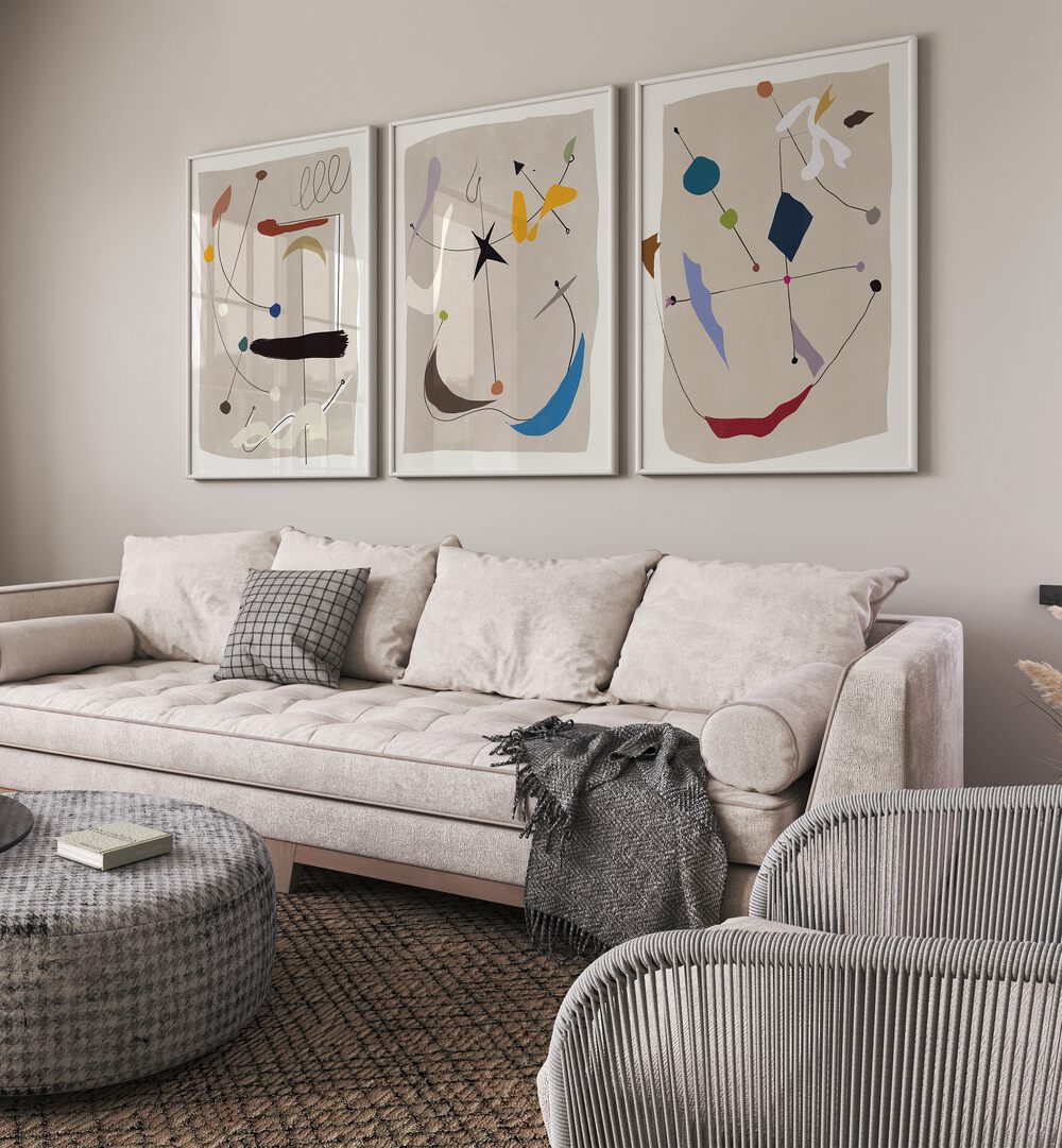 Elevate your decor with the CHARMS COMPOSITION SET, SET OF 3 PAINTINGS, showcasing vibrant art for any room.