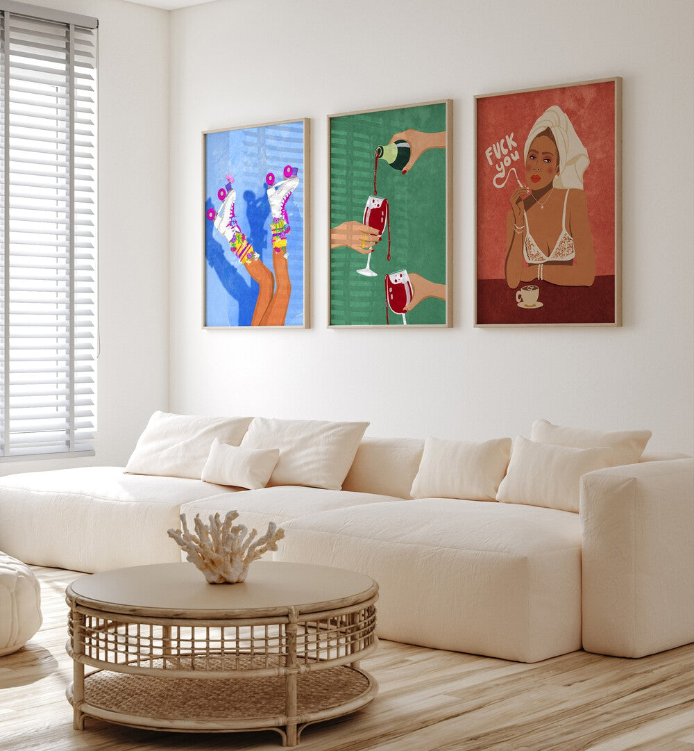 Brighten your home with the CHEERS GIRLS SET, SET OF 3 PAINTINGS celebrating joy and friendship. Perfect for any space.