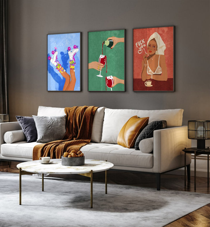 Brighten your home with the CHEERS GIRLS SET, SET OF 3 PAINTINGS, celebrating joy and friendship in vibrant colors.