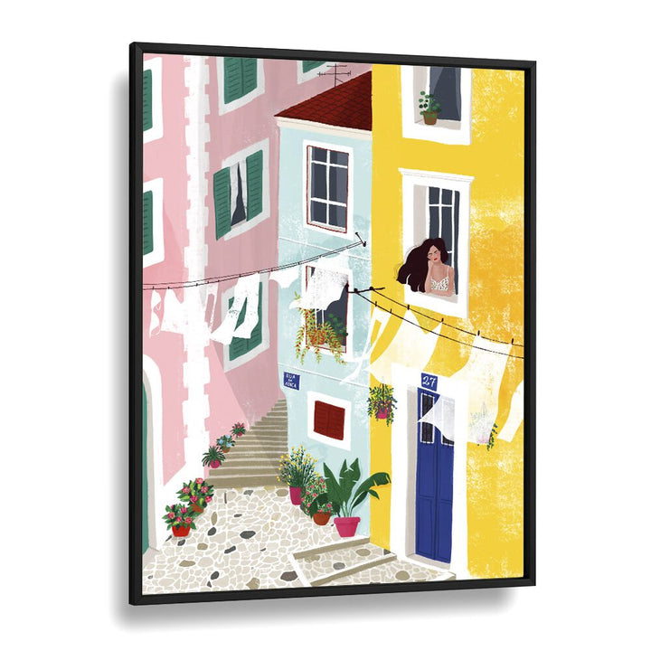Colorful street scene featuring a woman, showcasing "CHILLIN, PORTRAITS" by Maja Tomjanovic for vibrant decor.