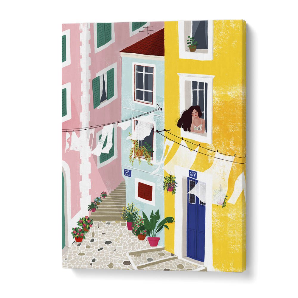 Captivating "CHILLIN, PORTRAITS" artwork by Maja Tomjanovic, showcasing a vibrant street scene on quality canvas.