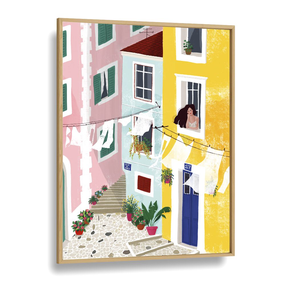 Colorful street scene with a woman in a window, showcasing CHILLIN , PORTRAITS by Maja Tomjanovic. Perfect for décor.