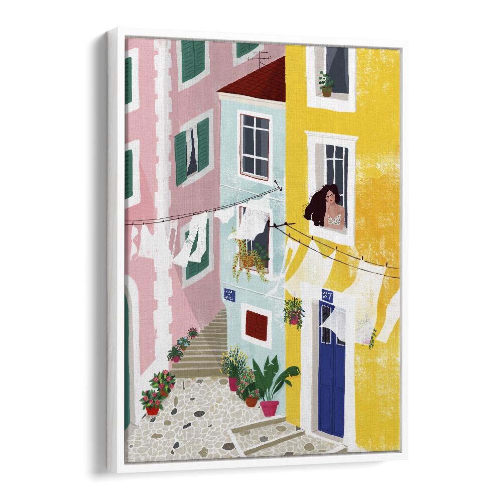 Colorful "CHILLIN" artwork by Maja Tomjanovic featuring vibrant buildings and a figure, perfect for stylish décor.