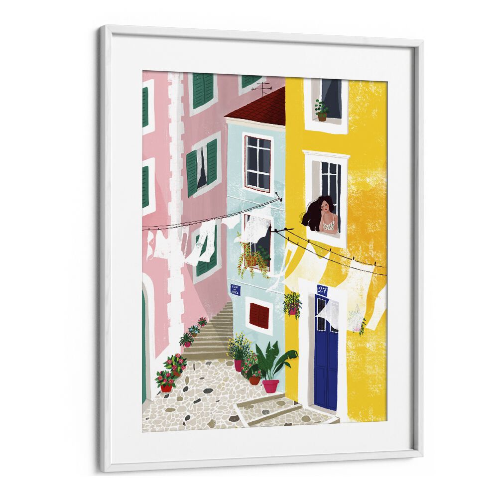 Elevate your space with "CHILLIN, PORTRAITS" by Maja Tomjanovic, a vibrant depiction of charming architecture.