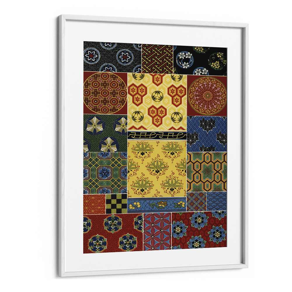 Stunning CHINESE - JAPANESE PATTERN, JAPANESE PAINTINGS art print showcasing vibrant East Asian designs in a white frame.