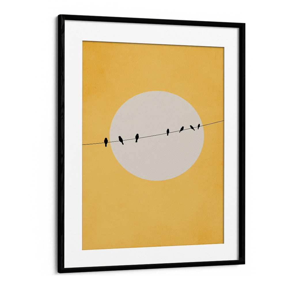 "Chirping and Chilling landscape paintings feature minimalist design with birds on a wire, perfect for serene spaces."