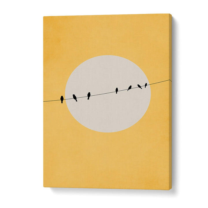 Minimalist landscape painting titled "Chirping and Chilling," featuring birds on a wire against a serene backdrop.