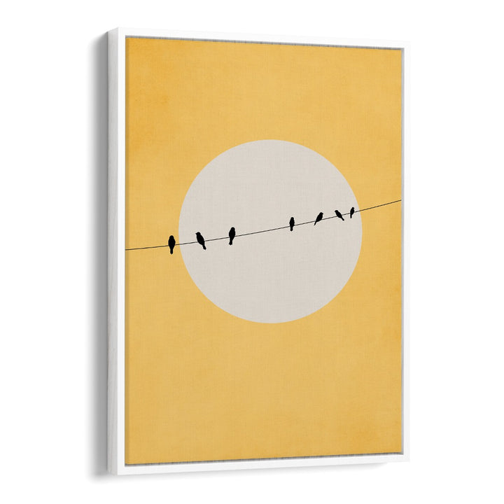 Minimalist "Chirping and Chilling" landscape paintings create serenity with birds on a wire against a warm backdrop.