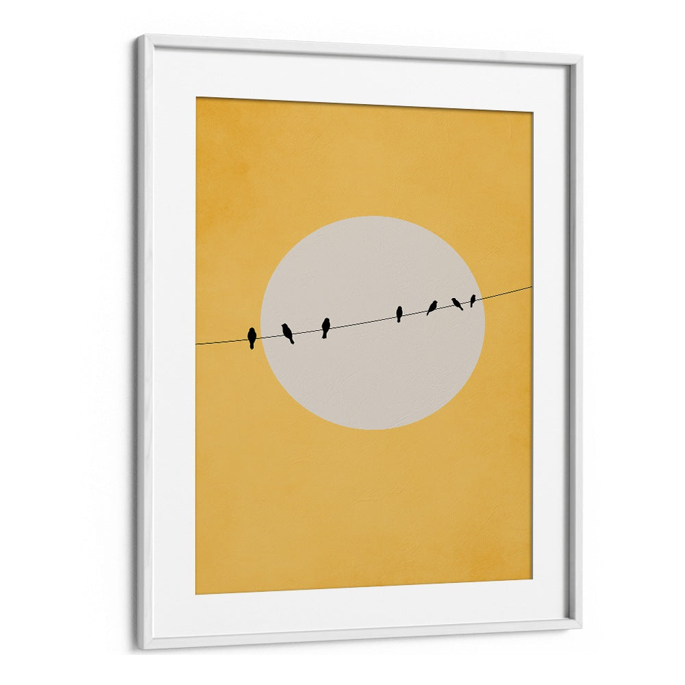 Minimalist "Chirping and Chilling, Landscape Paintings" art print with birds and sun, perfect for peaceful decor.