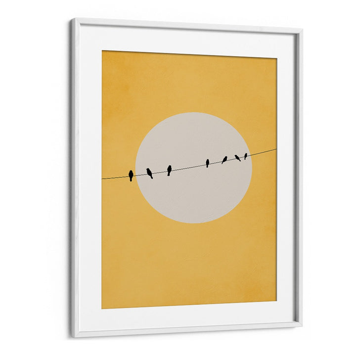Minimalist "Chirping and Chilling, Landscape Paintings" art print with birds and sun, perfect for peaceful decor.
