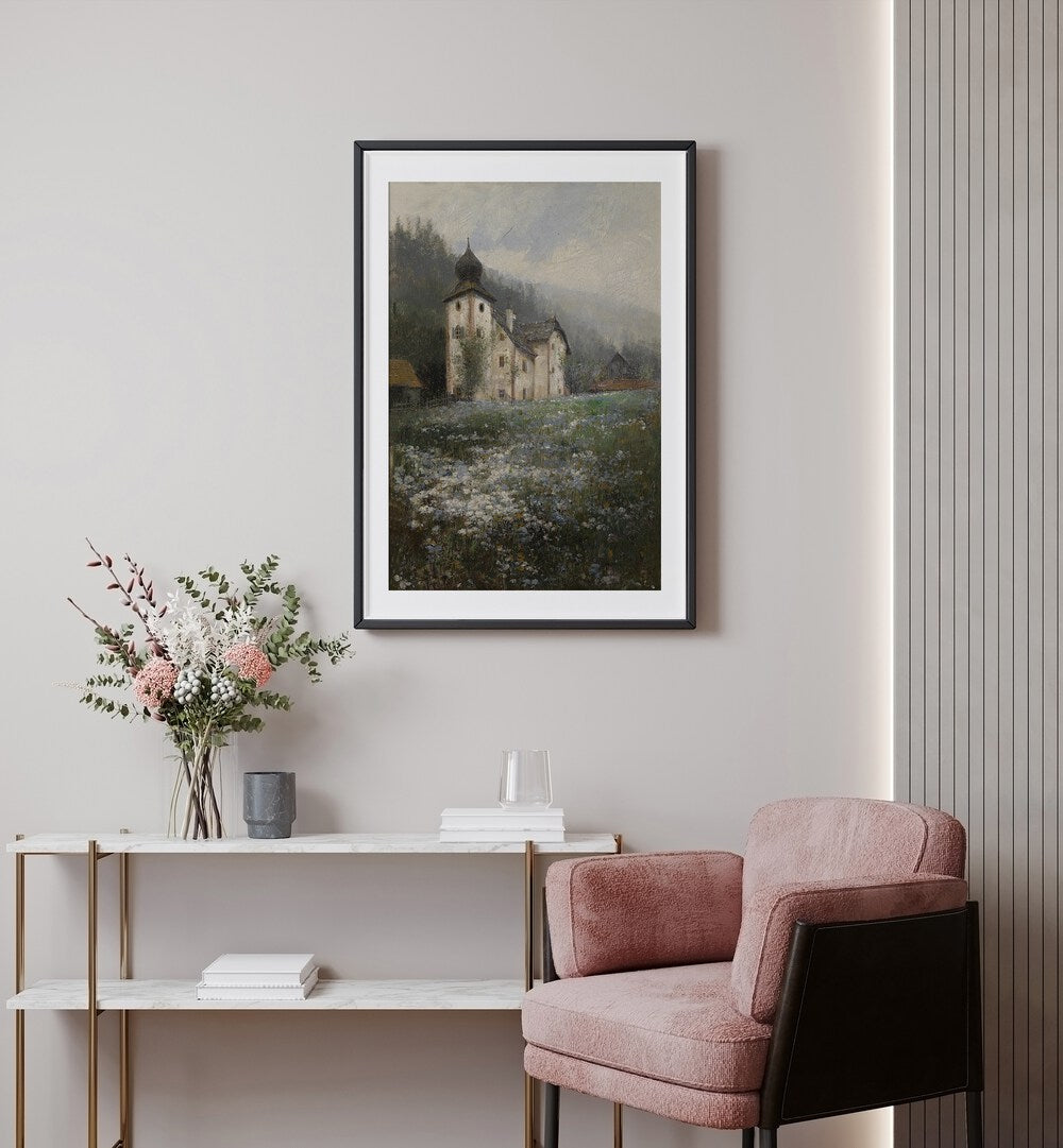 Serene "Church on the Hill" vintage paintings by Paul Unbereit, perfect for a tranquil home decor.