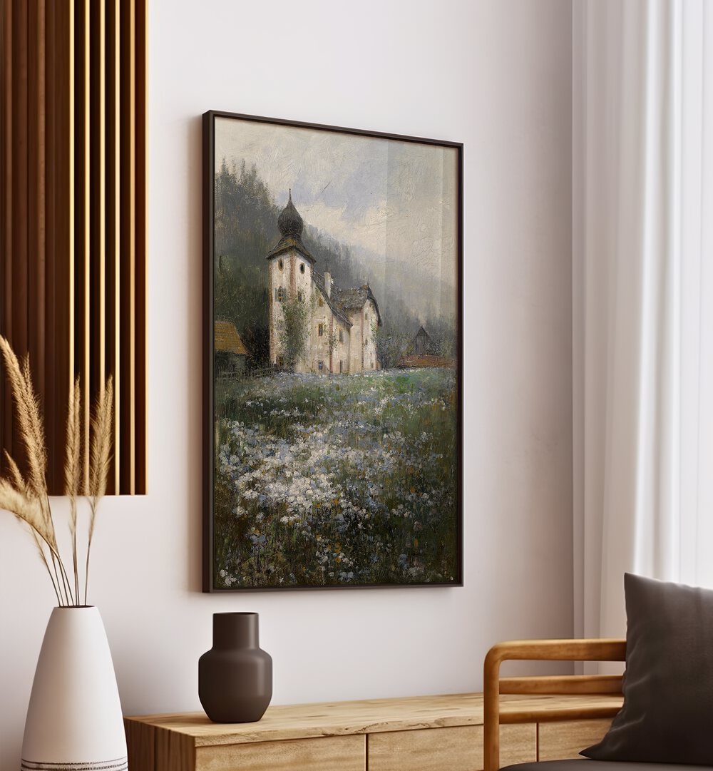 Serene "Church on the Hill" vintage paintings showcasing tranquil landscapes by artist Paul Unbereit.