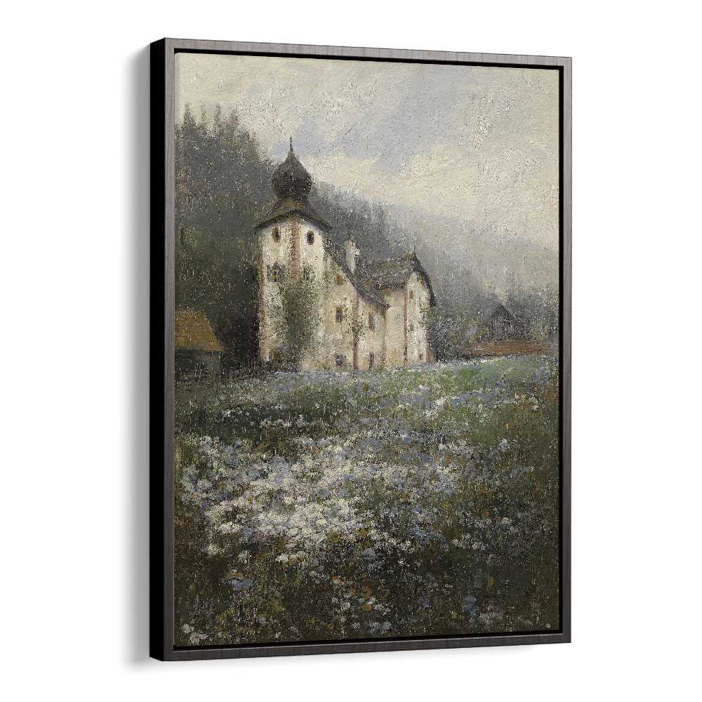 Serene "Church on the Hill" vintage painting in a black floater frame, perfect for enhancing any space.