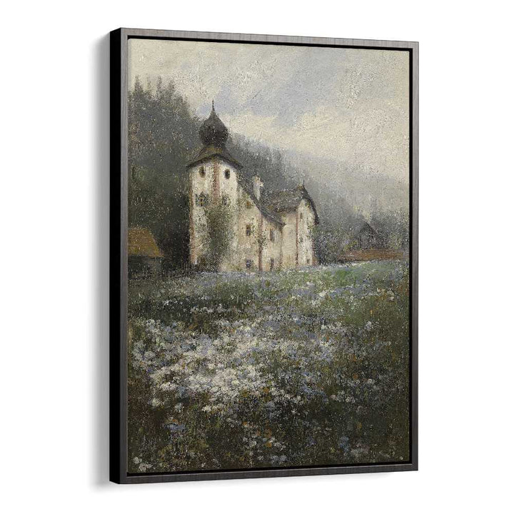Serene "Church on the Hill" vintage painting in a black floater frame, perfect for enhancing any space.